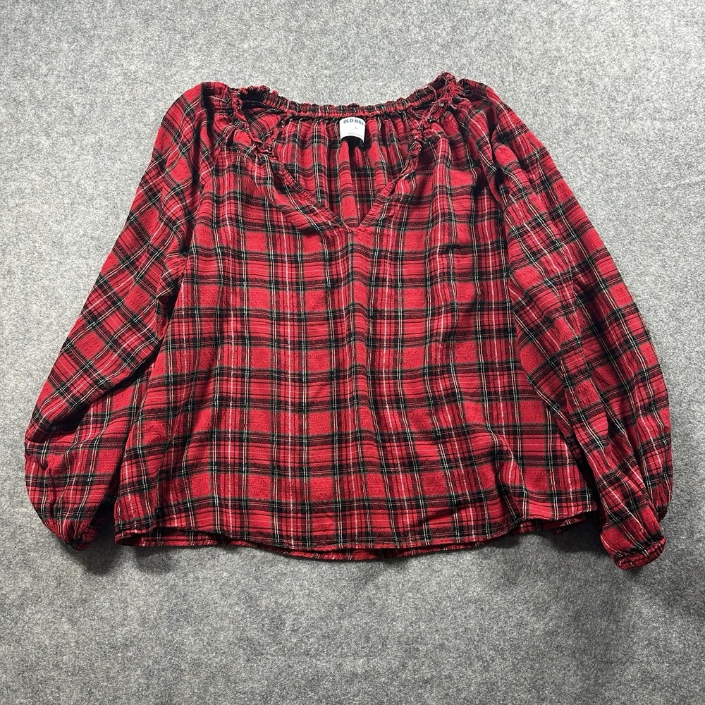 Old Navy Women Split-Neck Seersucker‎ Top Red Tartan Size XL Plaid Lightweight